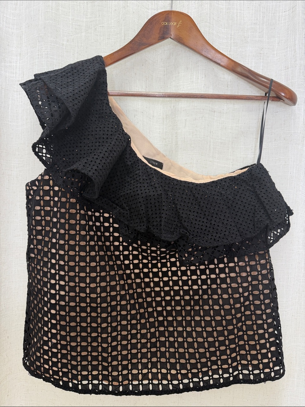 J. Crew Eyelet Black One-Shoulder Lace Overlay Top Size 10 Excellent Condition